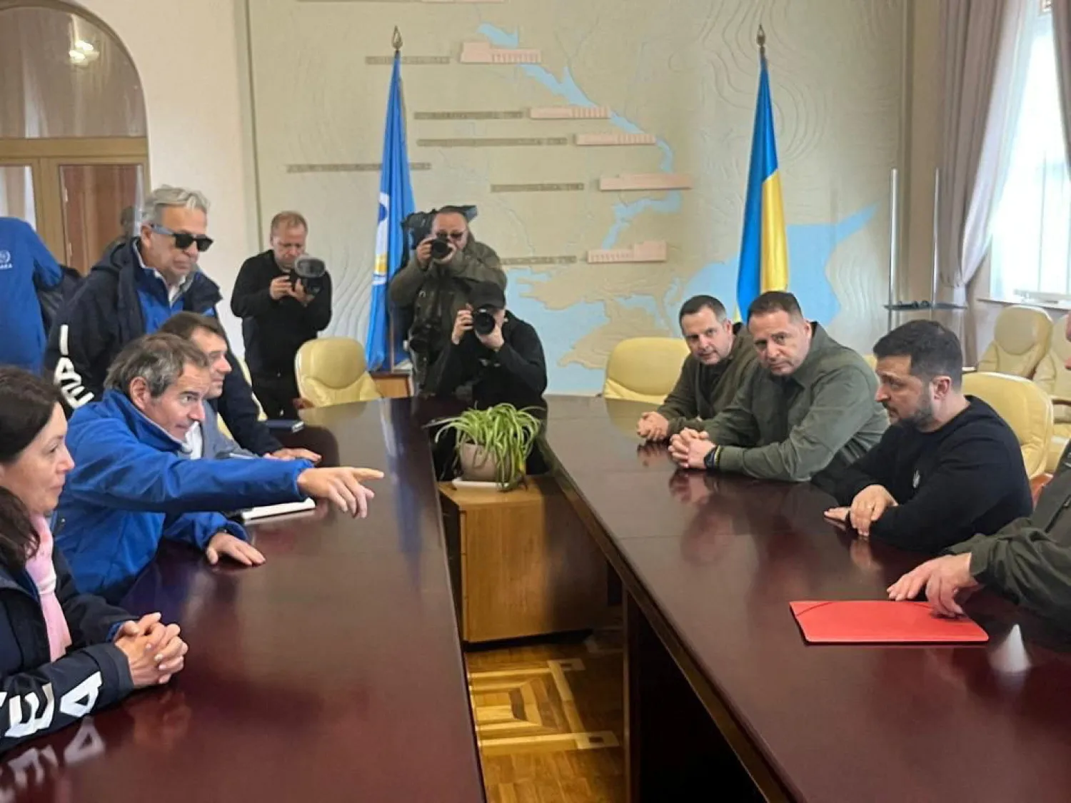 Director General of the International Atomic Energy Agency (IAEA), Rafael Mariano Grossi meets Ukraine's President Volodymyr Zelenskiy in Zaporizhzhia, Ukraine March 27, 2023 in this picture obtained from social media. (Rafael Mariano Grossi via Twitter/via Reuters)