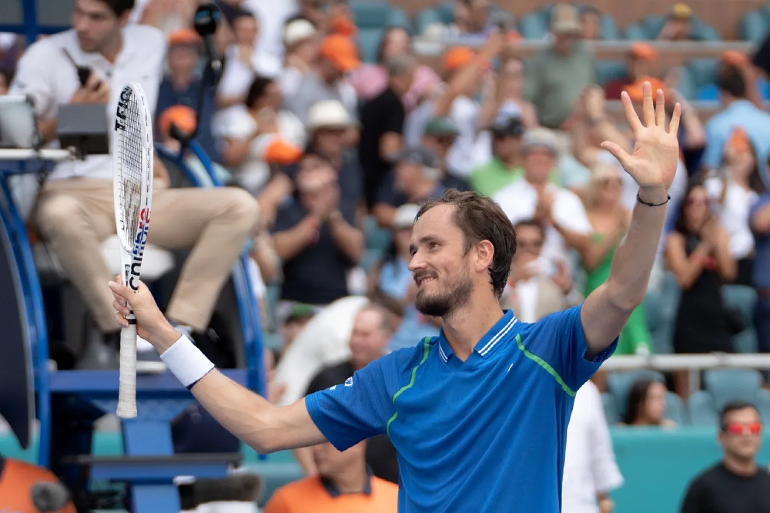 02 April 2023, US, Miami Gardens: Russian tennis player Daniil Medvedev celebrates after defeating Italy's Jannik SInner during their men's final match of the Miami Open at Hard Rock Stadium. (dpa)
