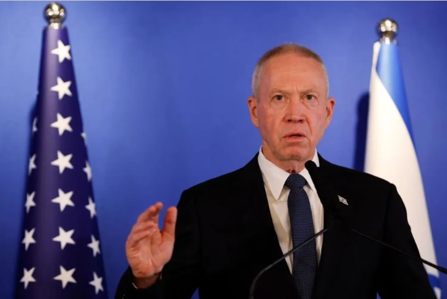 Israeli Defence Minister Yoav Gallant attends a news conference with US Secretary of Defense Lloyd Austin at Ben Gurion Airport in Lod, Israel, March 9, 2023. REUTERS/Amir Cohen