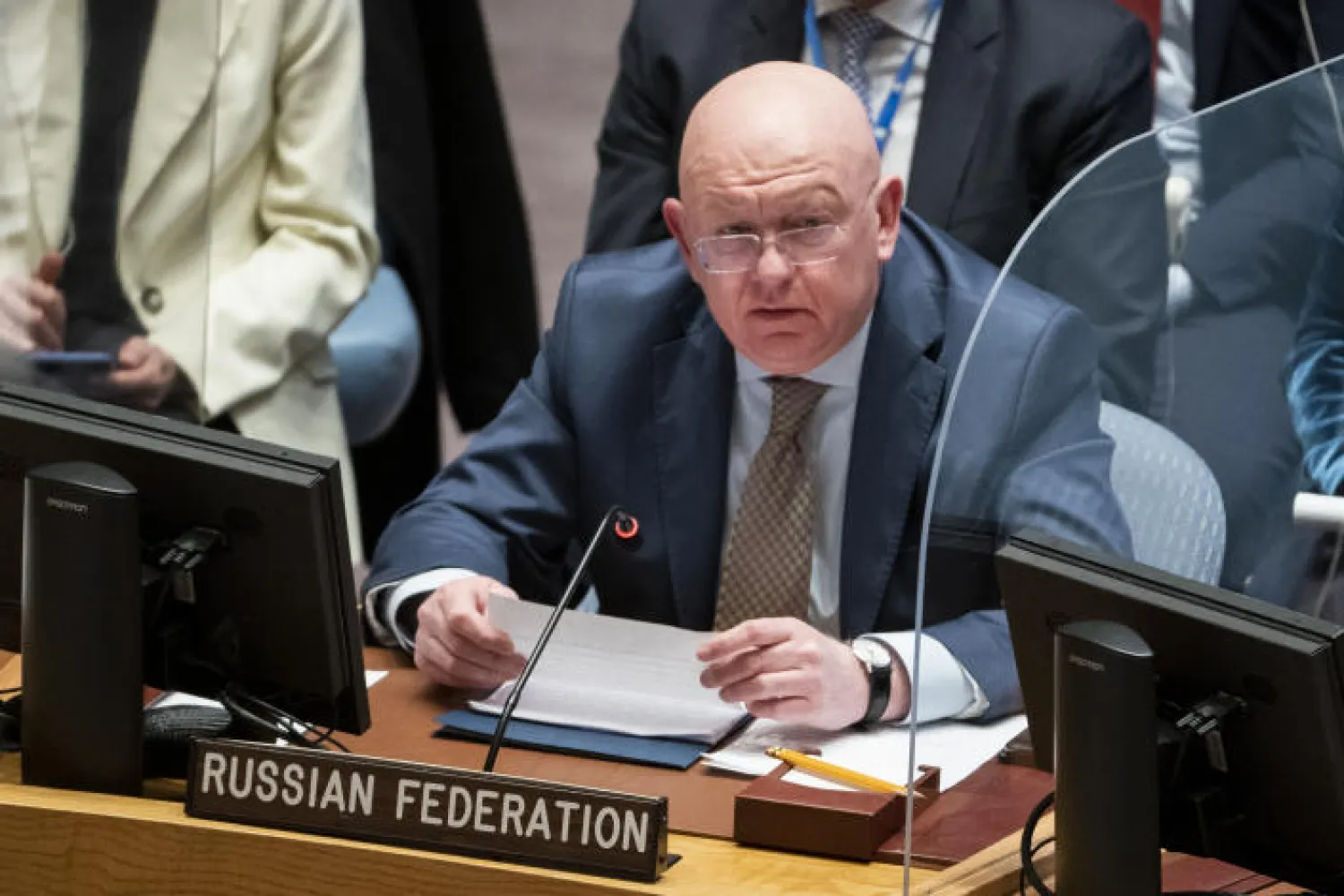 FILE - Vassily Nebenzia, permanent representative of Russia to the United Nations, speaks during a meeting of the UN Security Council, March 29, 2022, at United Nations headquarters. (AP Photo/John Minchillo, File)