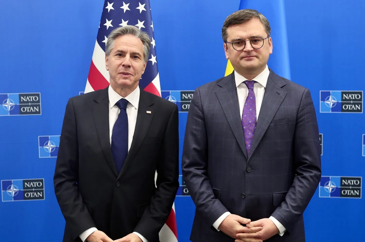 US Secretary of State Antony Blinken with Ukrainian Foreign Minister Dmytro Kuleba (R) during the NATO Foreign Ministers meeting at NATO headquarters in Brussels, Belgium, 04 April 2023. (EPA)