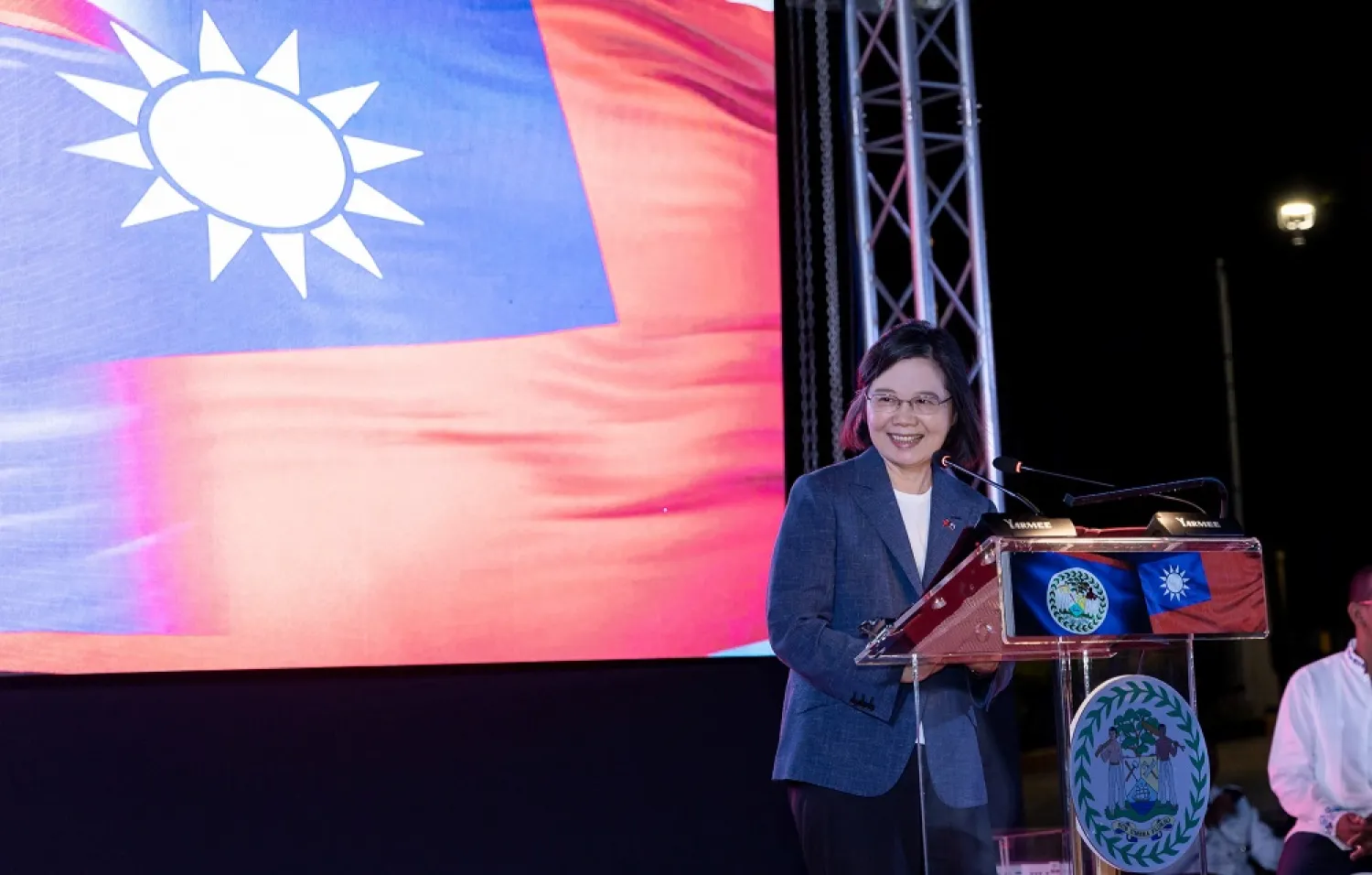 Taiwanese President Tsai Ing-wen delivers a speech as she attends a banquet hosted by Belizean Prime Minister John Briceno, in Belize, in this handout picture released on April 4, 2023. (Taiwan Presidential Office/Handout via Reuters)
