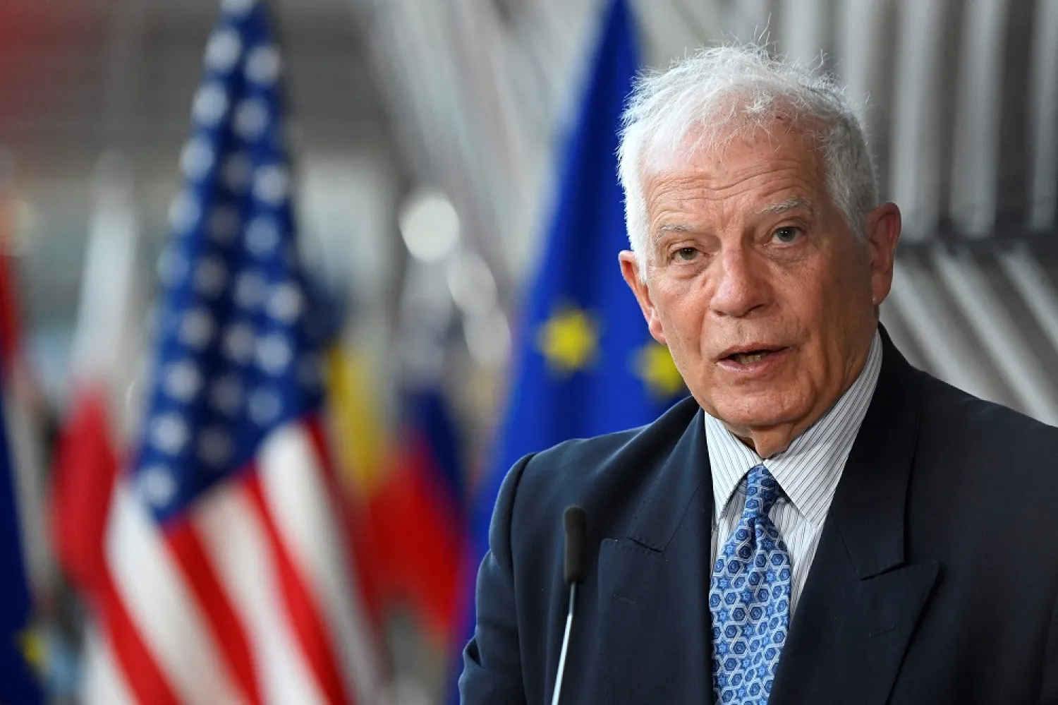 European Union High Representative for Foreign Affairs and Security Policy Josep Borrell gives a statement with the US Secretary of State before an EU-US Energy Council Ministerial Meeting in Brussels on April 4, 2023. (AFP)