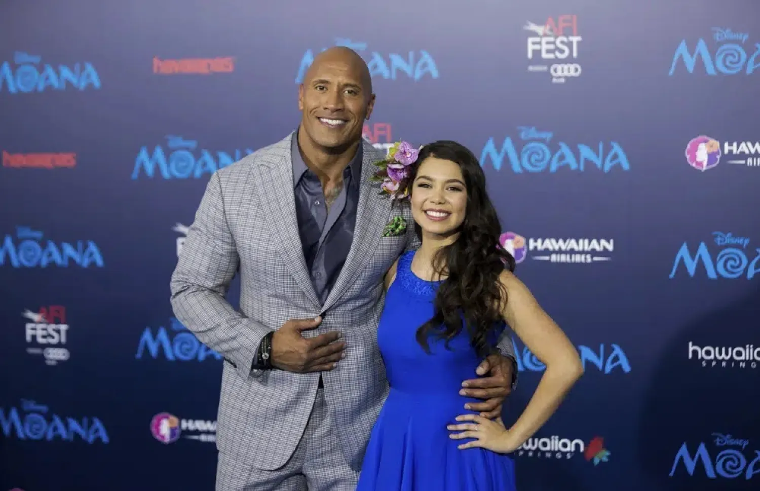 Actors Dwayne Johnson, left, and Auli'i Cravalho appear at the 2016 AFI Fest - "Moana" world premiere in Los Angeles on Nov. 14, 2016. (AP)