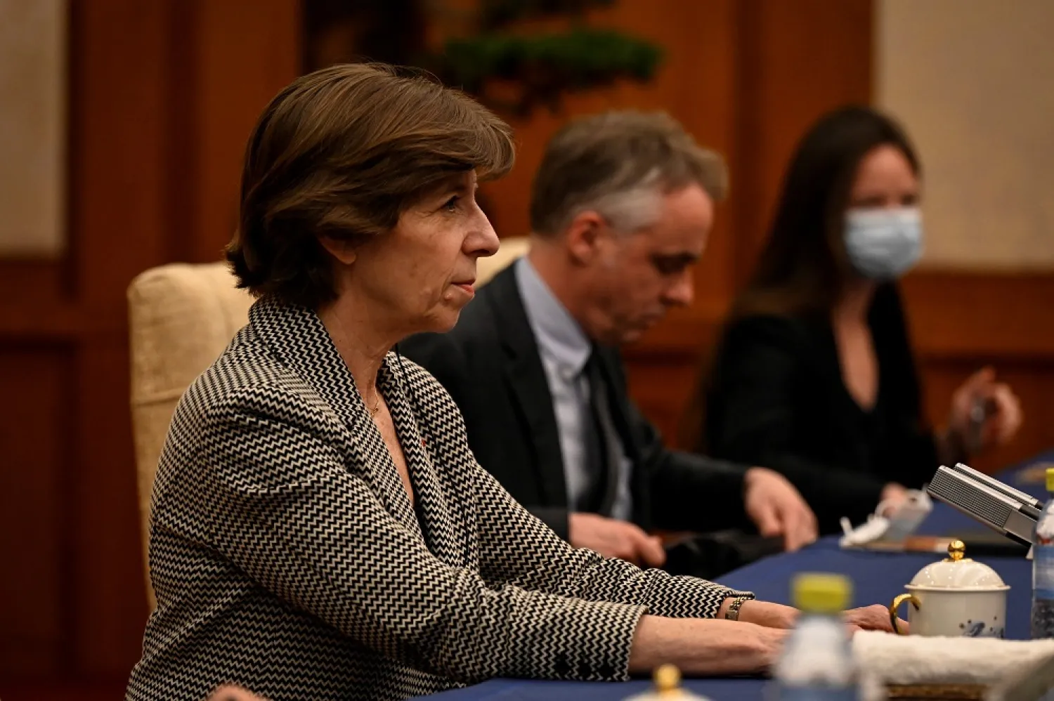 French Foreign Minister Catherine Colonna and Chinese Foreign Minister Qin Gang (not pictured) attend a meeting in the Diaoyutai State Guesthouse in Beijing, China April 5, 2023. (Reuters)
