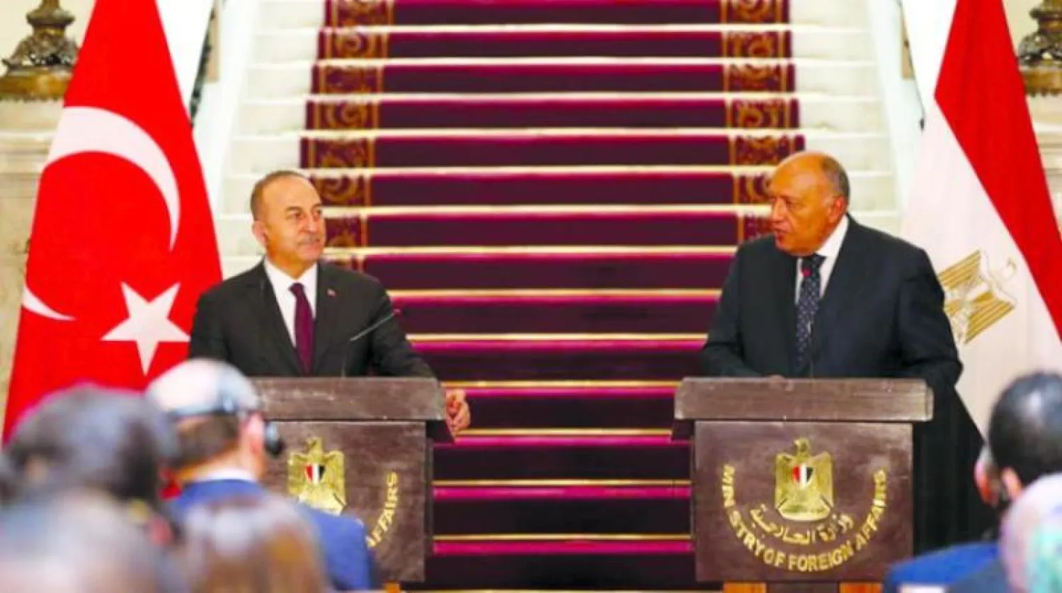 شكري وجاويش أوغلو خلال مؤتمر صحافي عقب لقائهما بالقاهرة (الخارجية التركية)