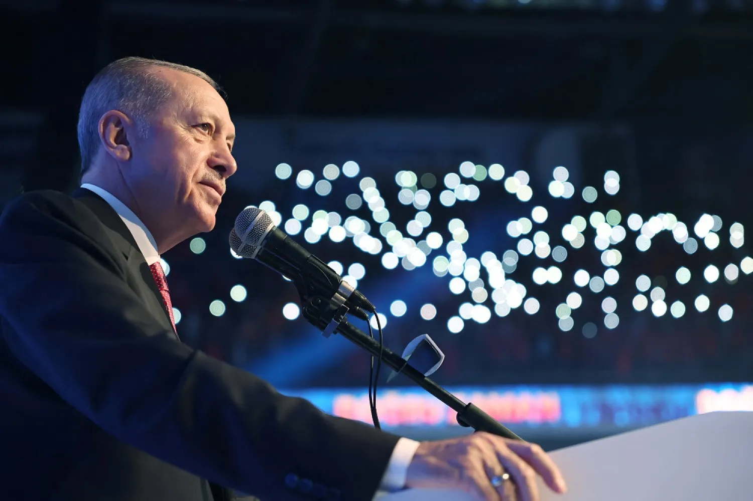 Turkish President Recep Tayyip Erdogan makes a speech during a meeting of his ruling AK Party to announce the party's election manifesto ahead of the May 14 elections, in Ankara, Türkiye April 11, 2023. (Presidential Press Office/Handout via Reuters)