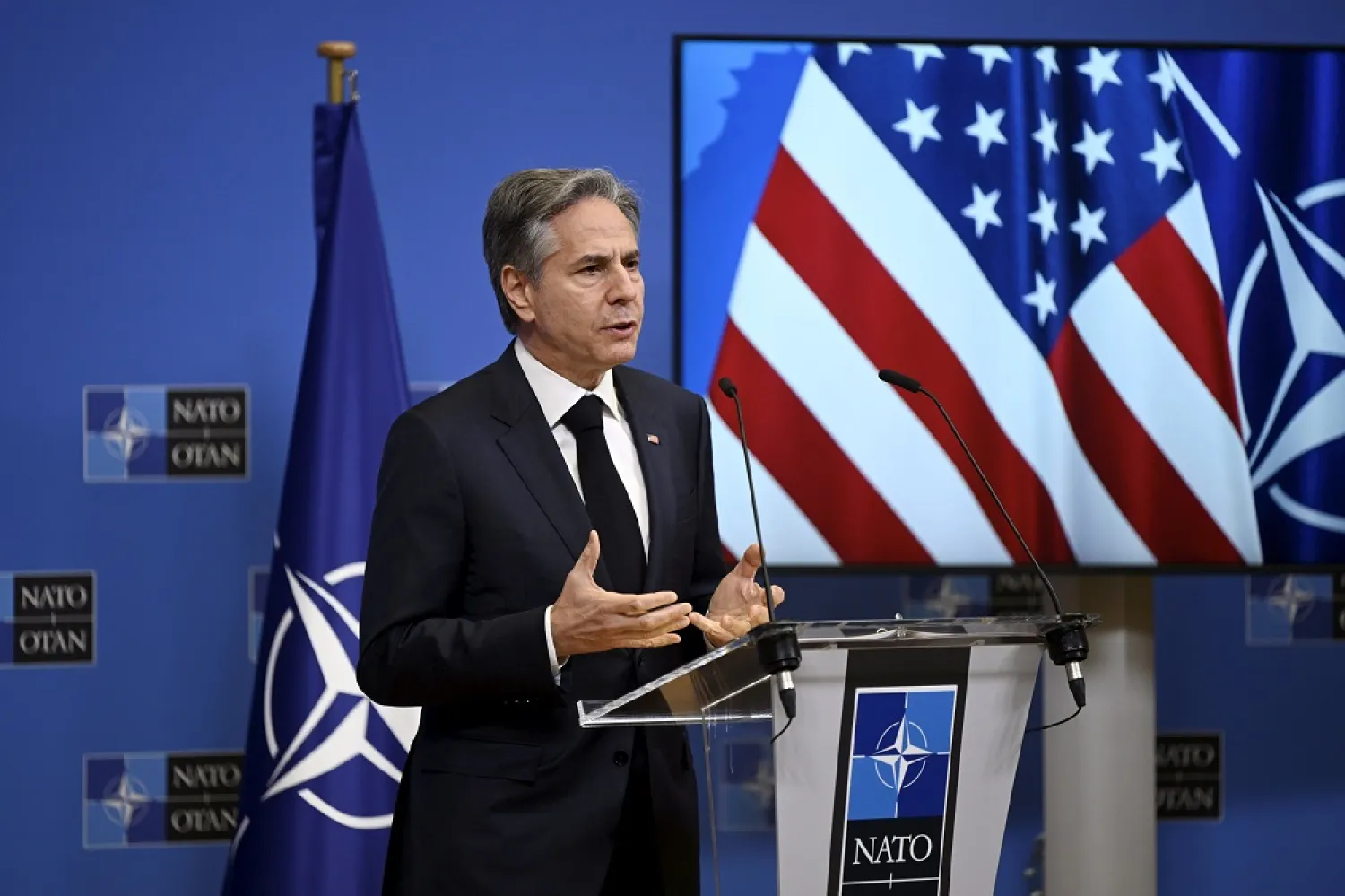  05 April 2023, Belgium, Brussels: US Secretary of State Antony Blinken speaks during a press conference at the NATO headquarters in Brussels, following the NATO Foreign Ministers meeting. (dpa)