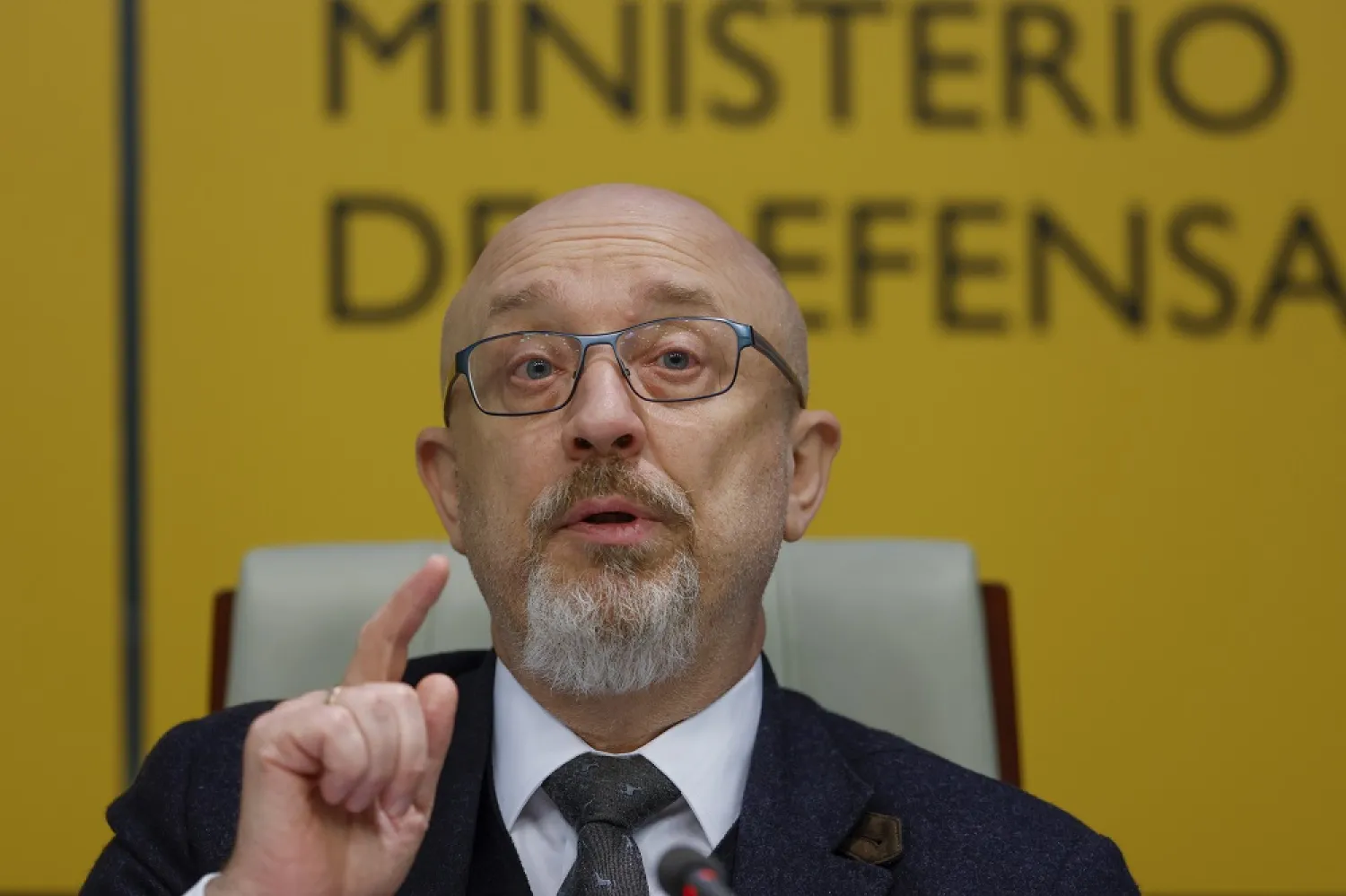 Ukrainian Defense Minister Oleksii Reznikov attends a joint press conference with his Spanish counterpart held after their meeting in Madrid, Spain, 12 April 2023. (EPA)