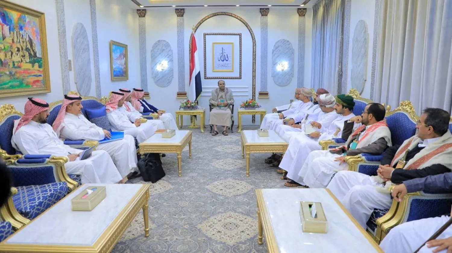 Houthis officials meet with the Saudi and Omani delegations in Sanaa, Yemen April 9, 2023. (Saba News Agency/Handout via Reuters)