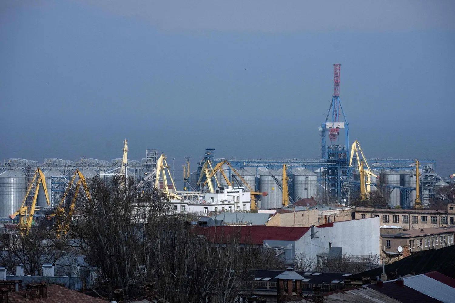 A general view taken on April 10, 2023 shows the grain terminal of the port of Odessa, Ukraine, from where Ukraine ships wheat according to the grain agreement the country currently has with Russia. (AFP)