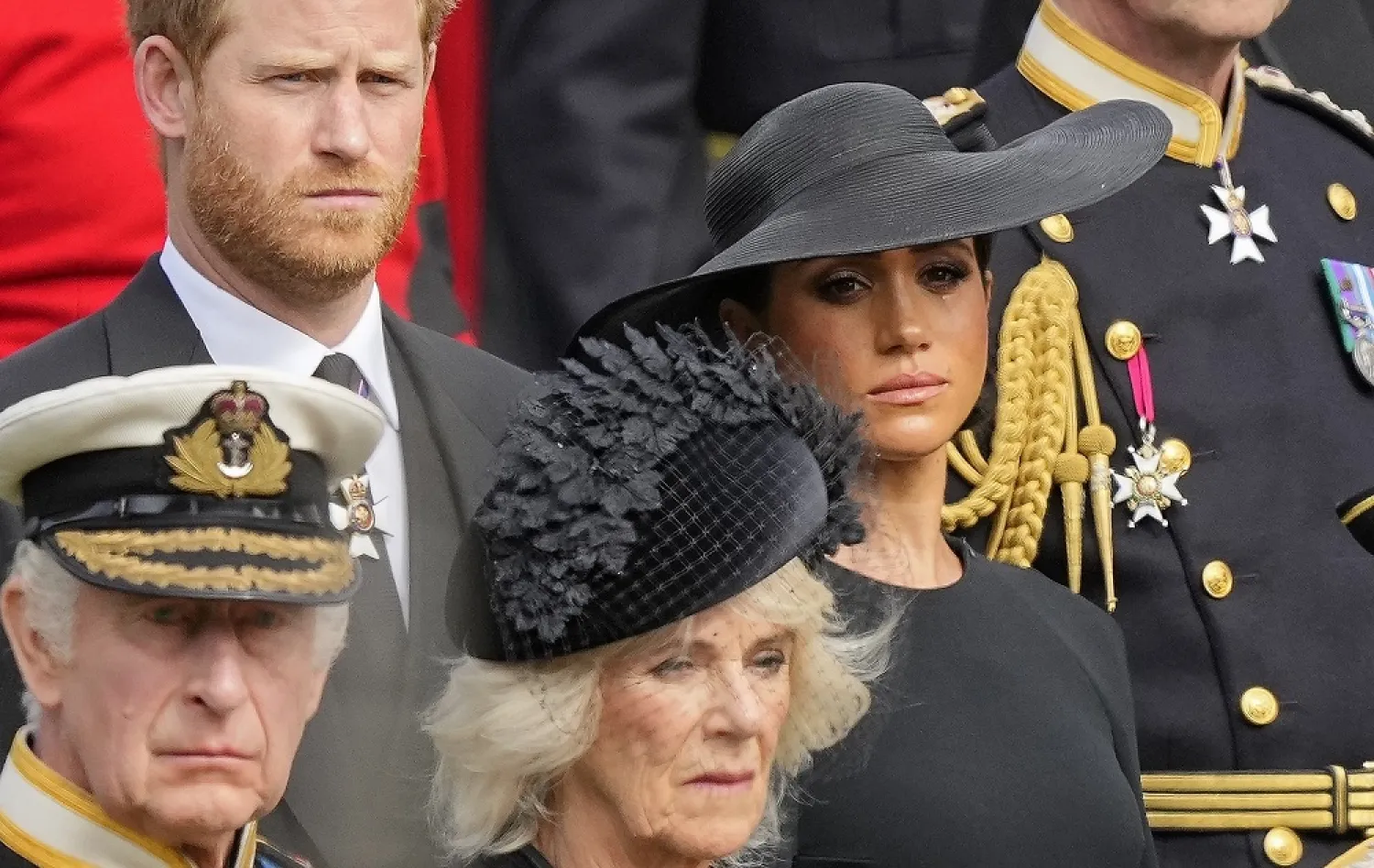 Britain's King Charles III, from bottom left, Camilla, the Queen Consort, Prince Harry and Meghan, Duchess of Sussex attend the state funeral service of Queen Elizabeth II in Westminster Abbey, London, Monday Sept. 19, 2022. (AP)