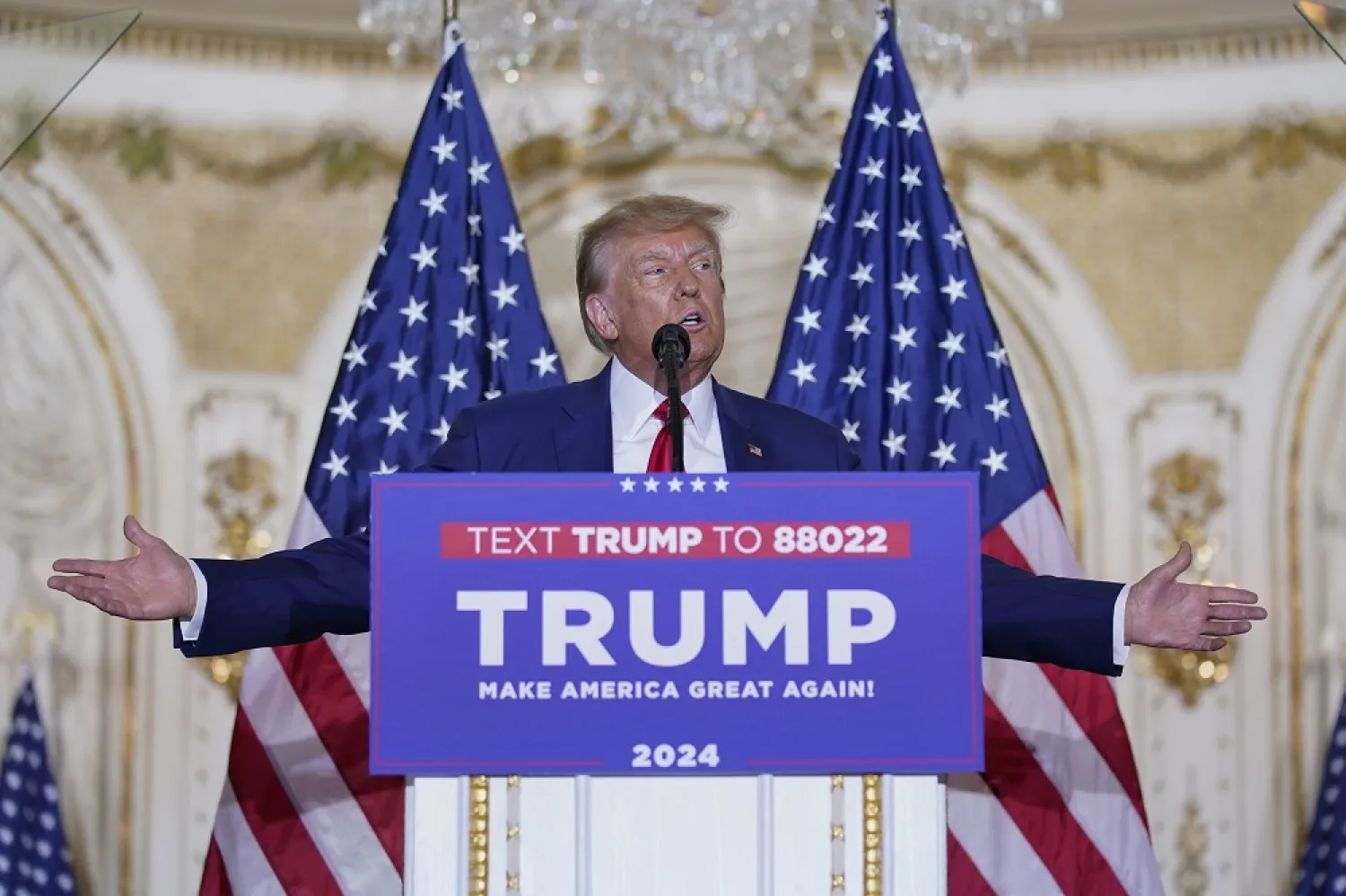 Former President Donald Trump speaks at his Mar-a-Lago estate on April 4, 2023, in Palm Beach, Fla., after being arraigned earlier in the day in New York City. (AP)