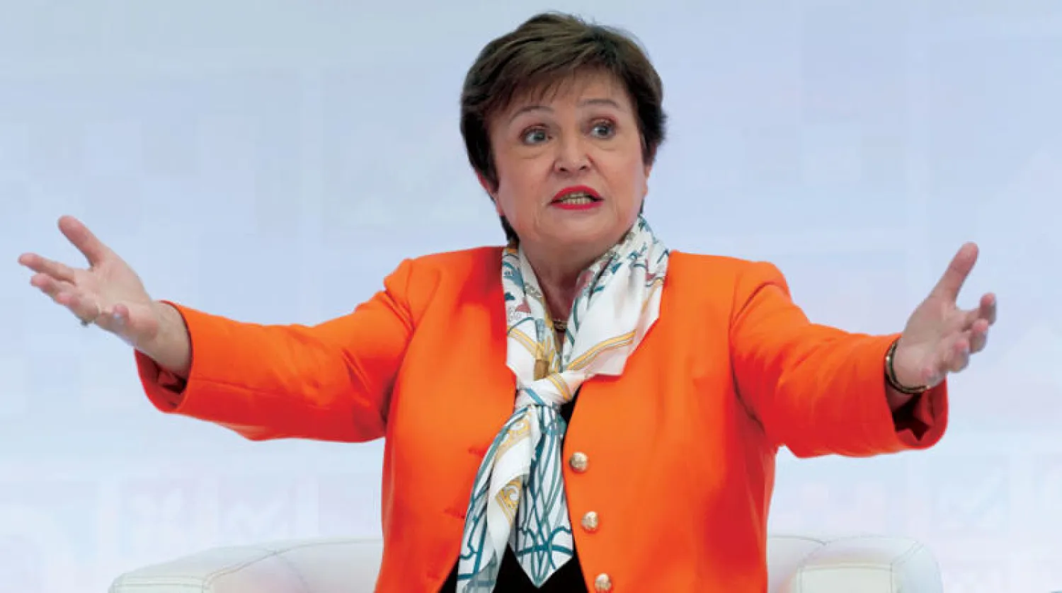 المديرة العامة لصندوق النقد الدولي كريستالينا غورغييفا تتحدث في منتدى النقاش حول الاقتصاد العالمي خلال اجتماعات الربيع للبنك الدولي وصندوق النقد الدولي بمقر الصندوق في واشنطن (أ.ب)