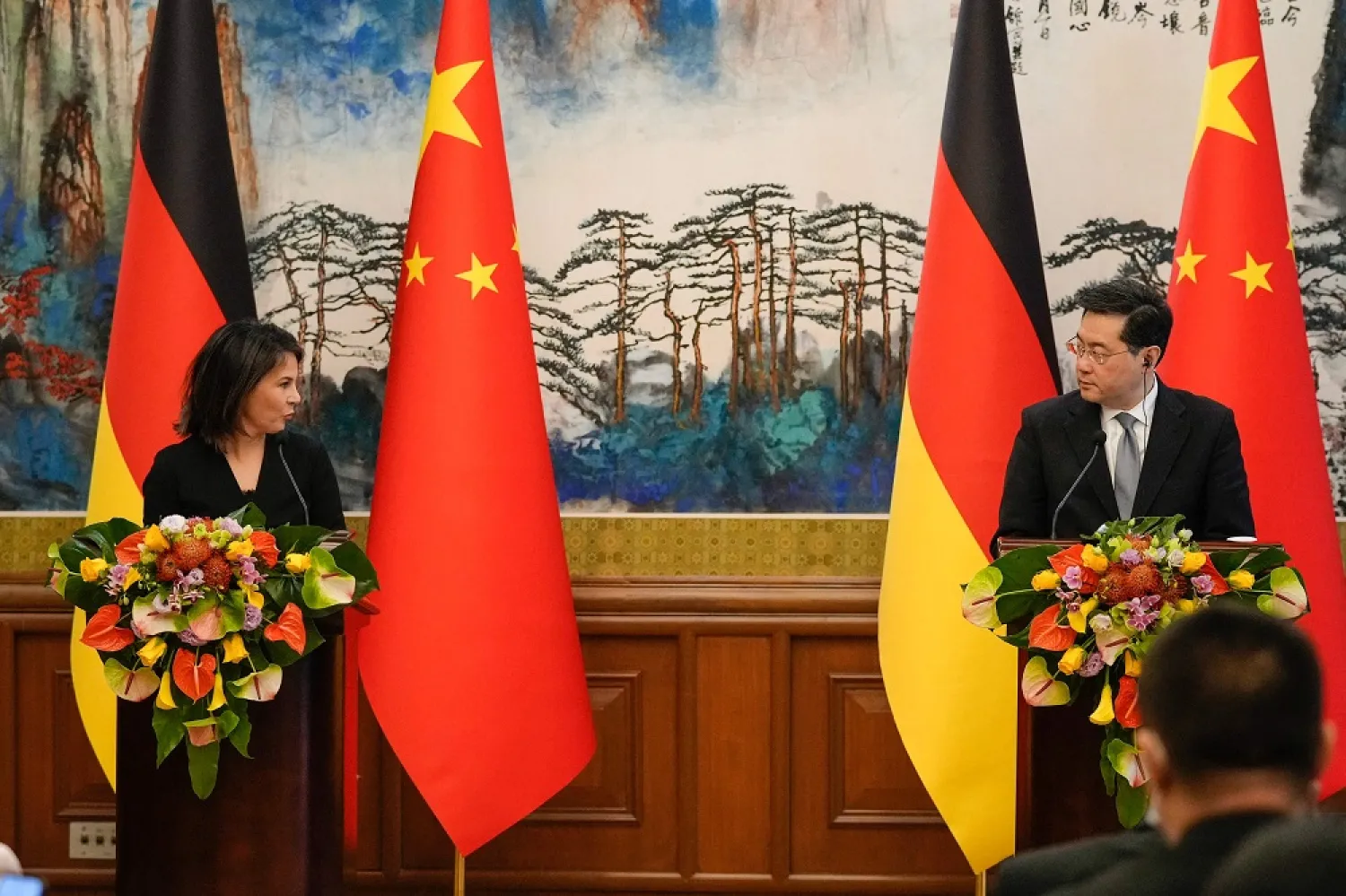 Chinese Foreign Minister Qin Gang (R) and Germany's Foreign Minister Annalena Baerbock attend a joint press conference at the Diaoyutai State Guesthouse in Beijing on April 14, 2023. ( AFP) 