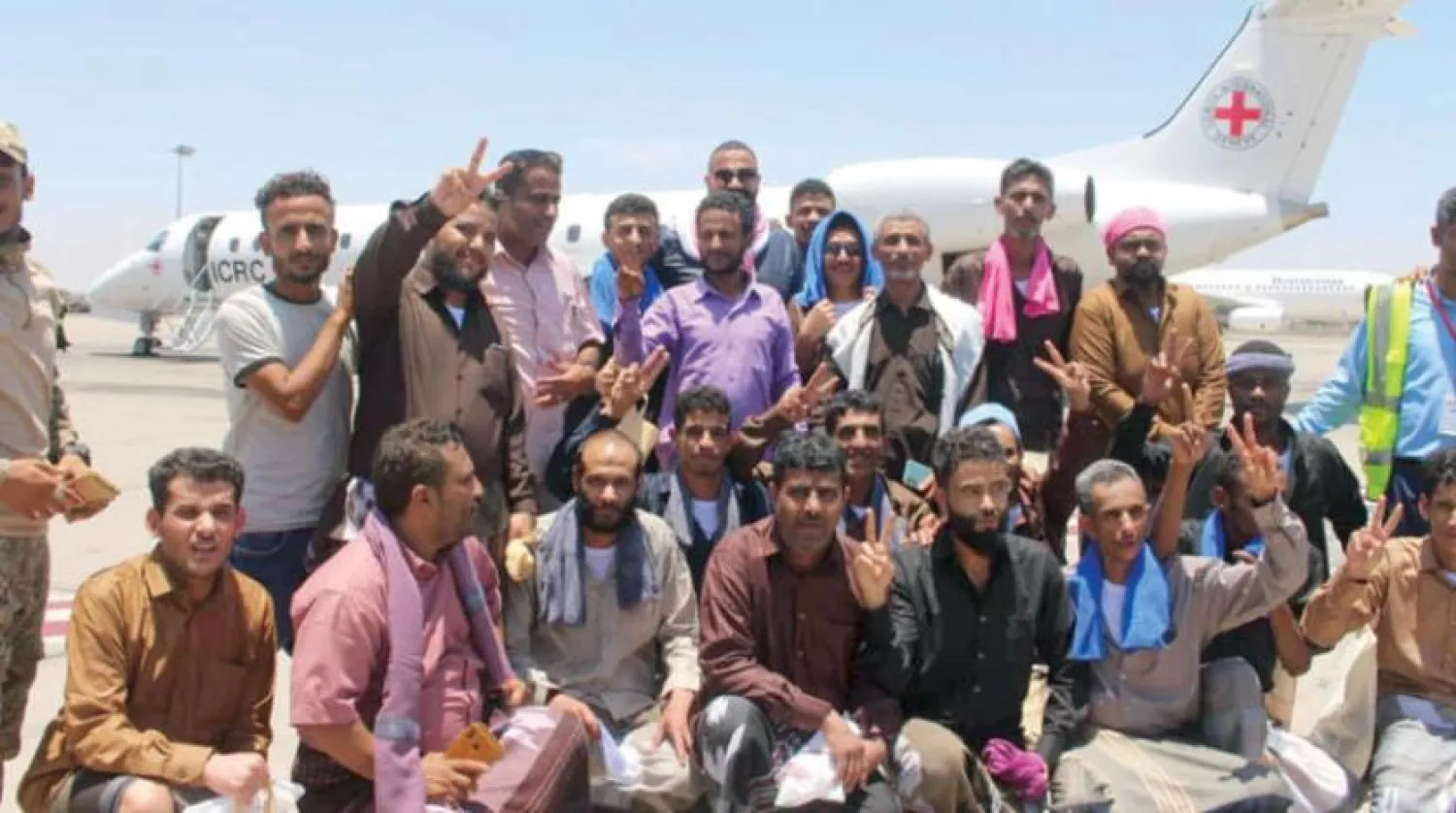 Prisoners from the government side upon their arrival in Aden, Yemen, on Friday (Photo Credit: Ali Jabour)