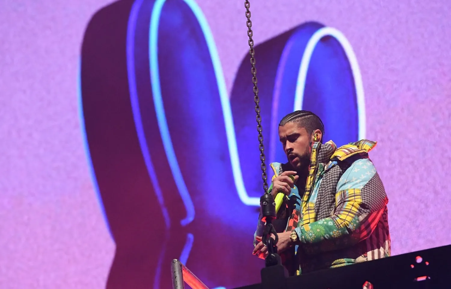 Puerto Rican singer Bad Bunny performs during the first week-end of Coachella Valley Music and Arts Festival in Indio, California, on April 14, 2023. (AFP) 