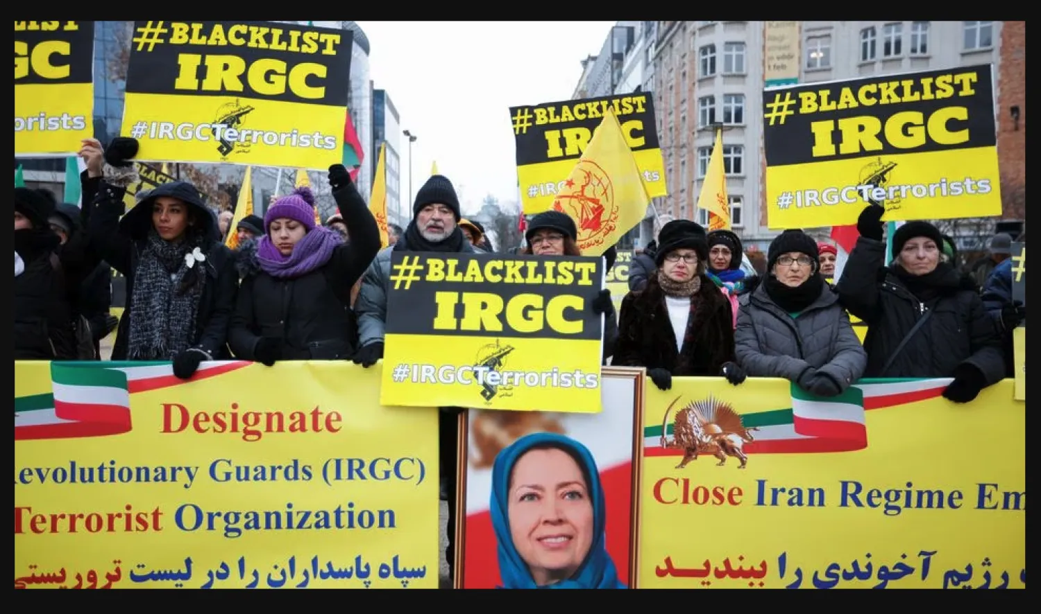 Protesters at the European Union headquarters in Brussels demonstrate against the Iranian government (Reuters)
