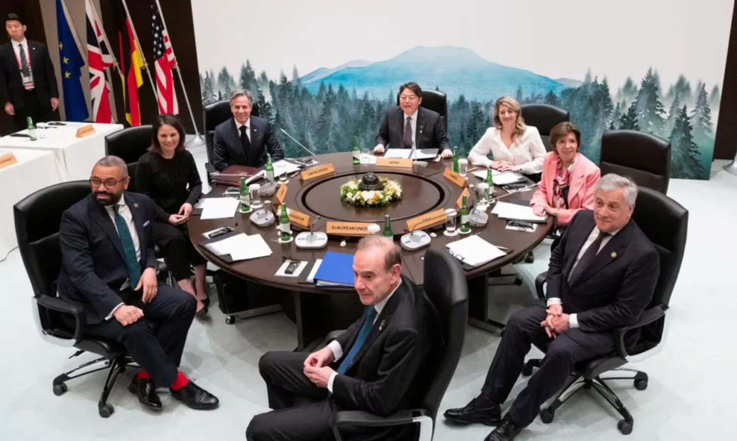British Foreign Secretary James Cleverly, German Foreign Minister Annalena Baerbock, US Secretary of State Antony Blinken, Japan's Foreign Minister Yoshimasa Hayashi, Canadian Foreign Minister Melanie Joly, French Foreign Minister Catherine Colonna, Italy's Foreign Minister Antonio Tajani, and Deputy Secretary-General of the European External Action Service (EEAS) Enrique Mora pose for photographs at the start of the fifth working session of a G7 Foreign Ministers' Meeting at the Prince Karuizawa hotel in Karuizawa on April 18, 2023. YUICHI YAMAZAKI/Pool via REUTERS