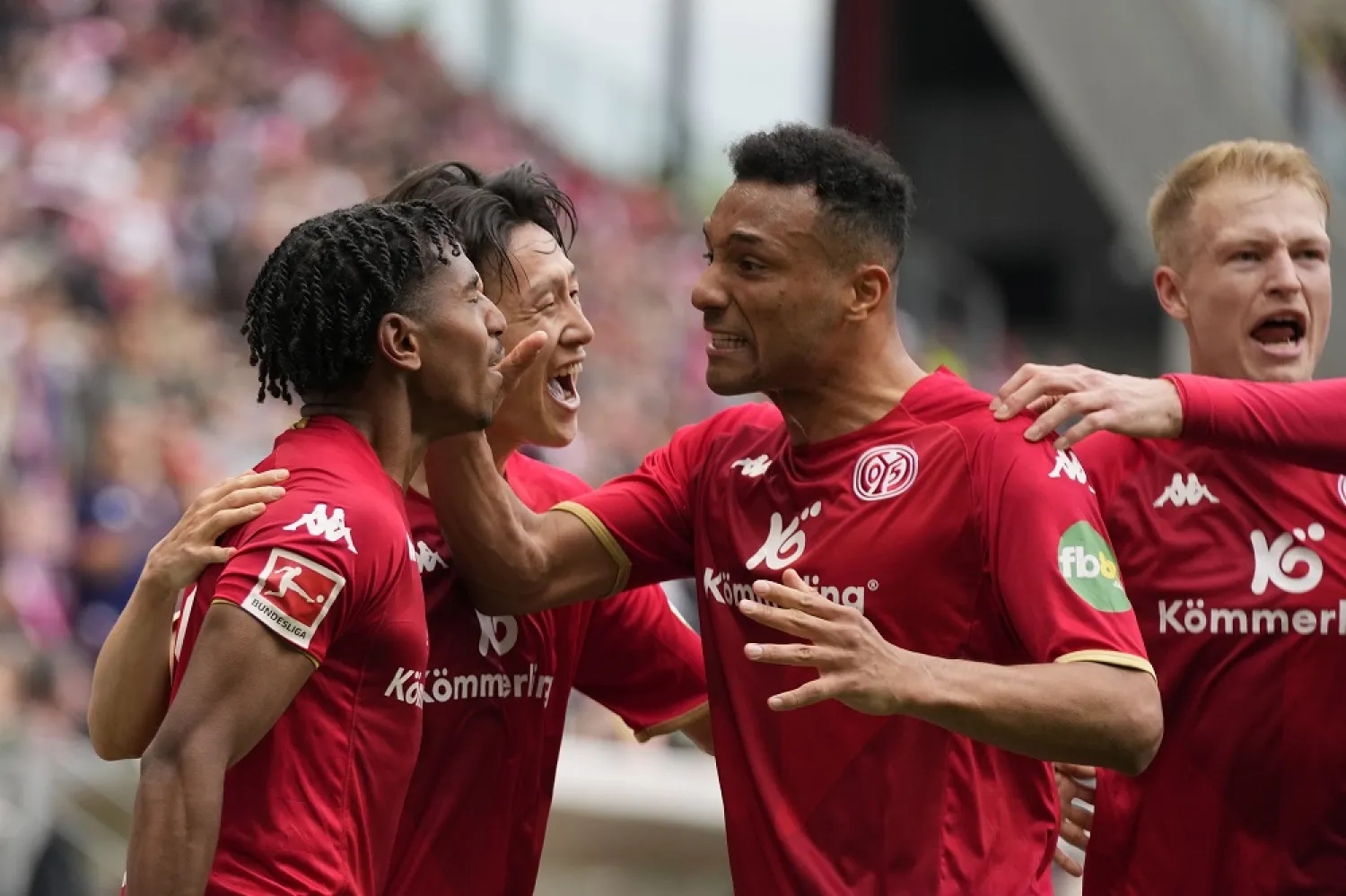  Mainz's Leandro Barreiro celebrates after scoring his side's second goal during the German Bundesliga match between 1. FSV Mainz 05 and FC Bayern Munich at the Mewa Arena in Mainz, Germany, Saturday, April 22, 2023. (AP)