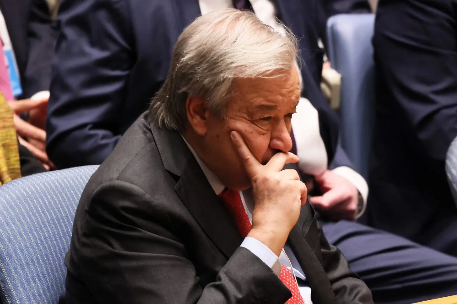 UN Secretary-General Antَnio Guterres listens as Russian Foreign Minister and Security Council Acting President for the month of April Sergei Lavrov speaks during a Security Council meeting at the United Nations headquarters on April 24, 2023 in New York City. (Getty Images via AFP)