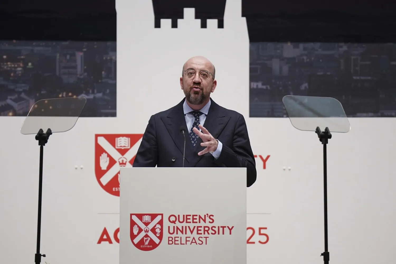 President of the European Council Charles Michel, speaks during the international conference to mark the 25th anniversary of the Belfast/Good Friday Agreement, at Queen's University Belfast, in Belfast, Wednesday April 19, 2023. (AP) 