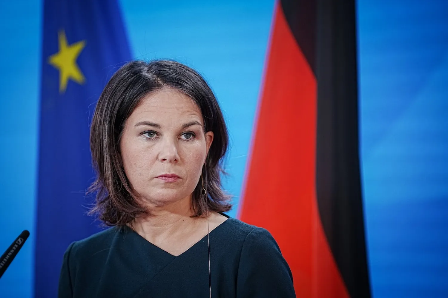 21 April 2023, Berlin: Annalena Baerbock, German Foreign Minister, reacts during a joint a press conference with her Spanish counterpart Jose Manuel Albares Bueno (not pictured) following their meeting. (dpa)