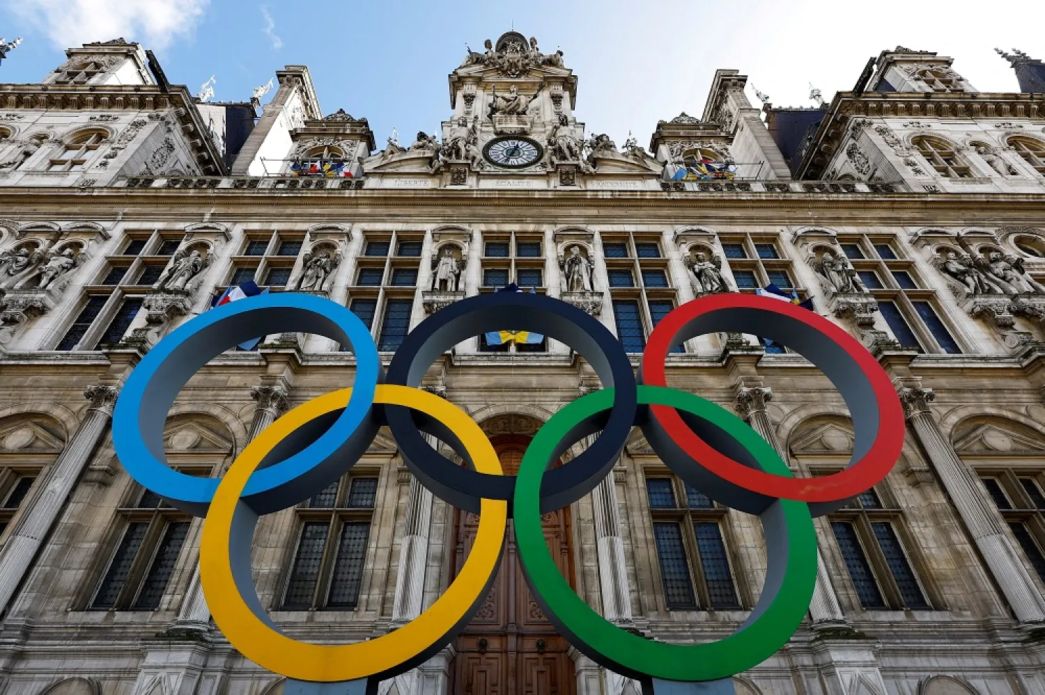 The Olympic rings are seen in front of the Hotel de Ville City Hall in Paris, France, March 14, 2023. (Reuters)
