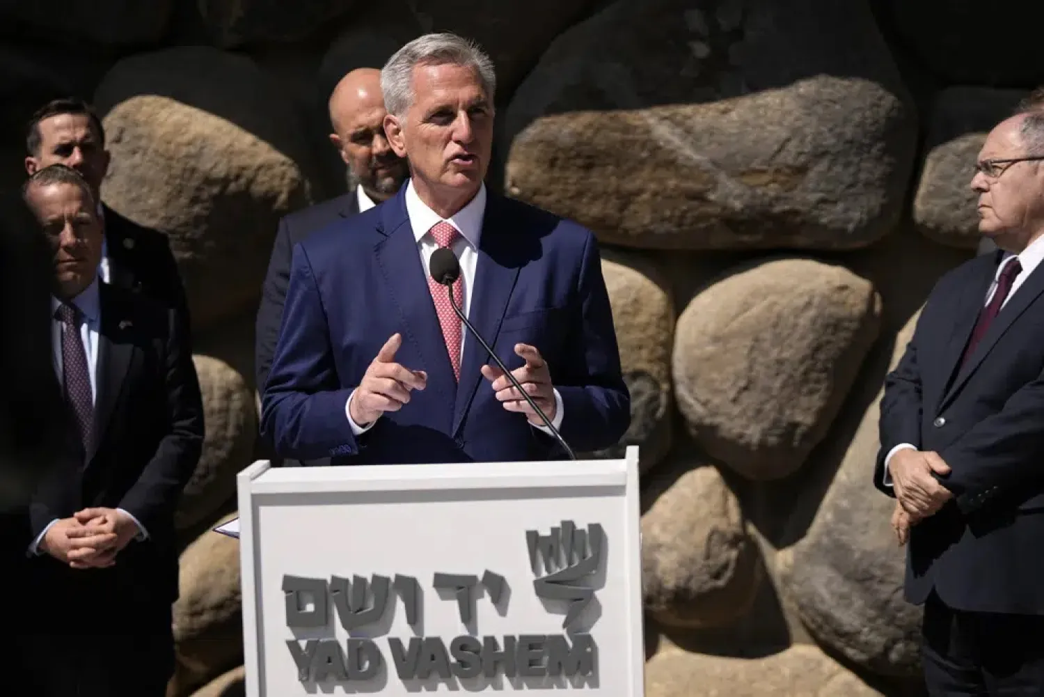 US Speaker of the House Kevin McCarthy speaks during his visit to the Yad Vashem World Holocaust Remembrance Center in Jerusalem, Monday, May 1, 2023. (AP Photo/Ohad Zwigenberg)
