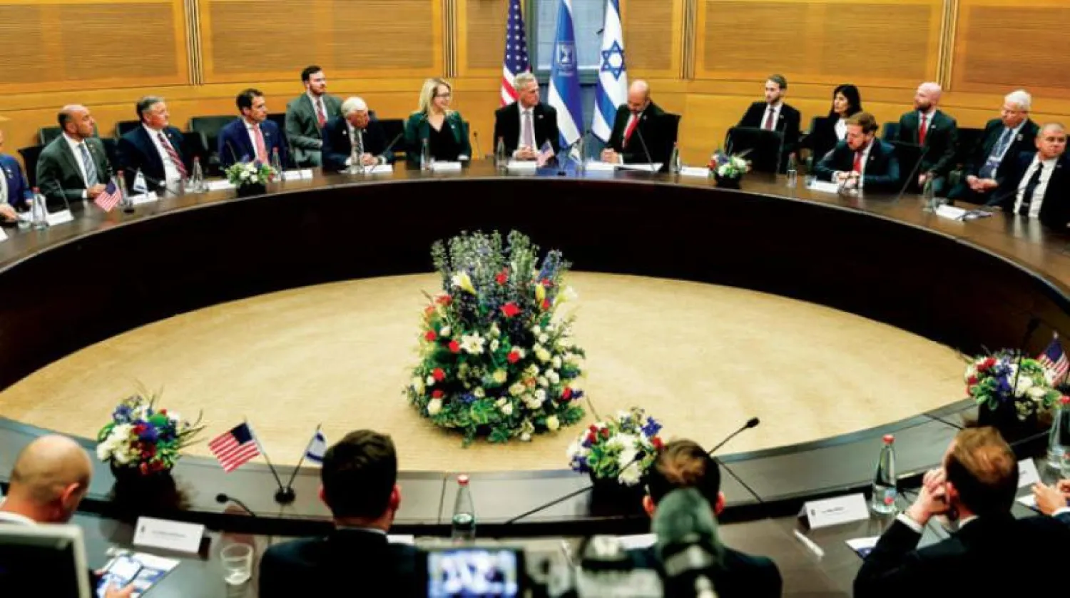The House Speaker with his Israeli counterpart during a meeting in the Knesset (AFP)
