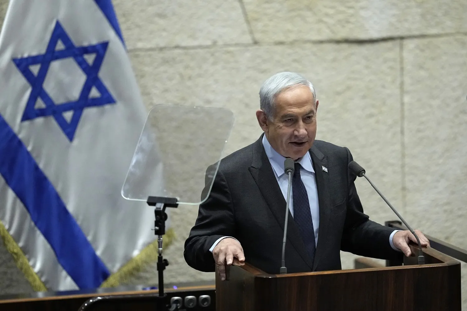 Israeli Prime Minister Benjamin Netanyahu speaks during a session of the Knesset, Israel's parliament with US Speaker of the House Kevin McCarthy as a guest, in Jerusalem, Monday, May 1, 2023. (AP)