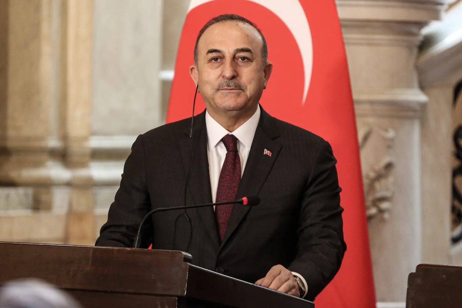 18 March 2023, Egypt, Cairo: Turkish Foreign Minister Mevluet Cavusoglu speaks during a press conference at Tahrir Palace in Cairo. (dpa)
