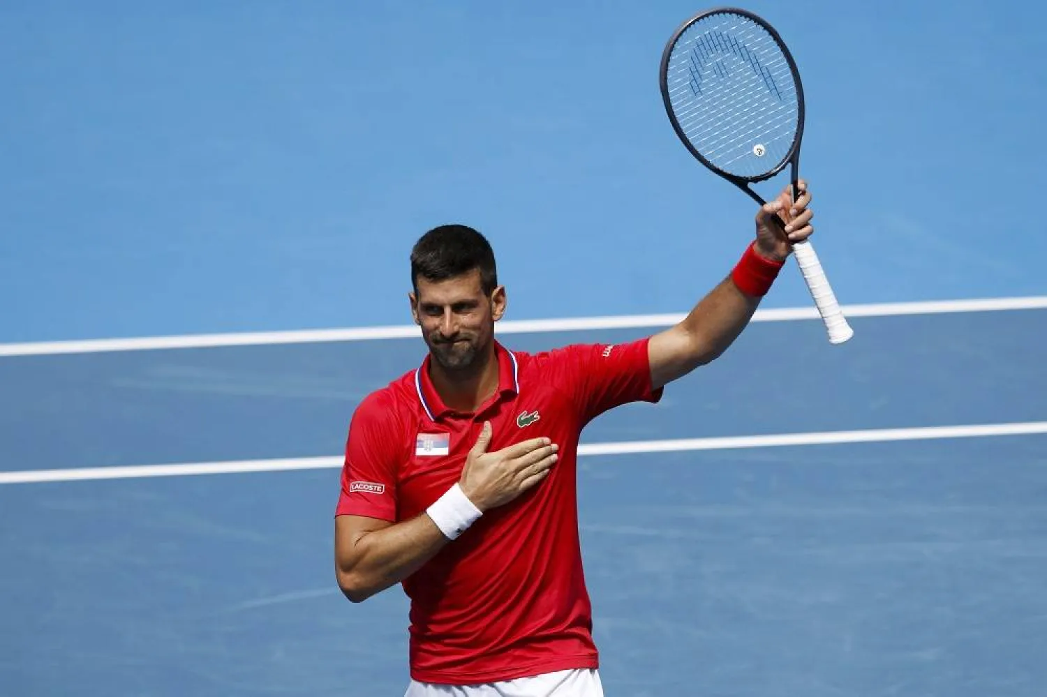 Novak Djokovic of Serbia celebrates his win over Jiri Lehecka of the Czech Republic during the United Cup tennis tournament in Perth, Australia, Tuesday, Jan. 2, 2024. (AP)
