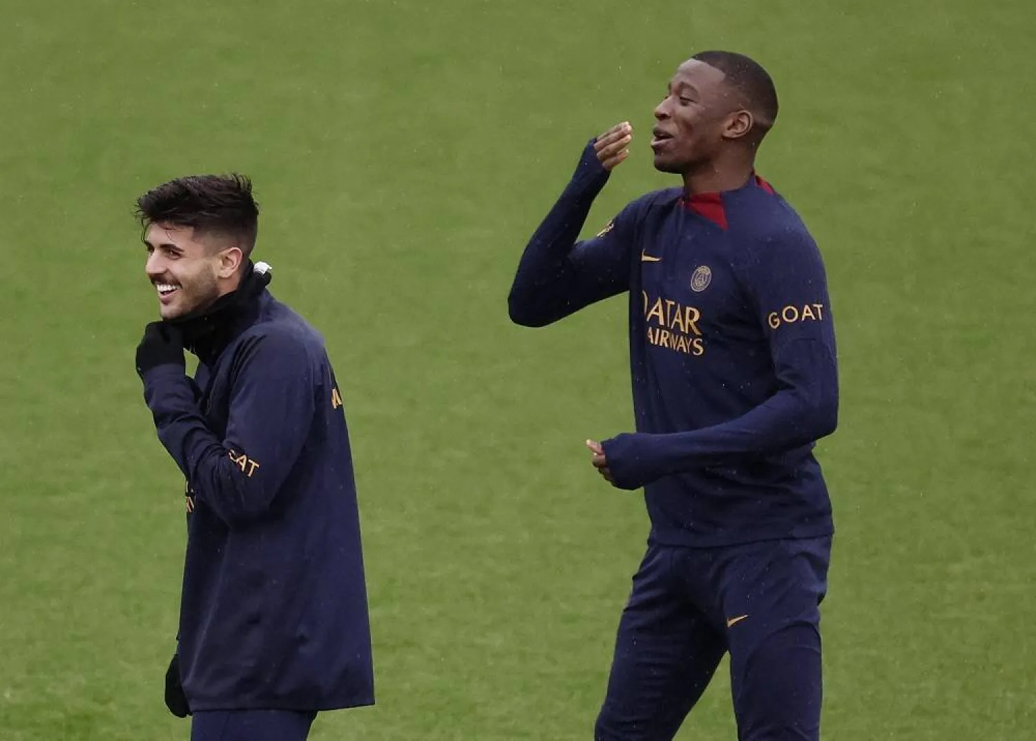 Football - Trophee des Champions - Paris St Germain Training - Paris-Saint-Germain Training Centre, Poissy, France - January 2, 2024 PSG's Lucas Beraldo with Nordi Mukiele during training. (Reuters)