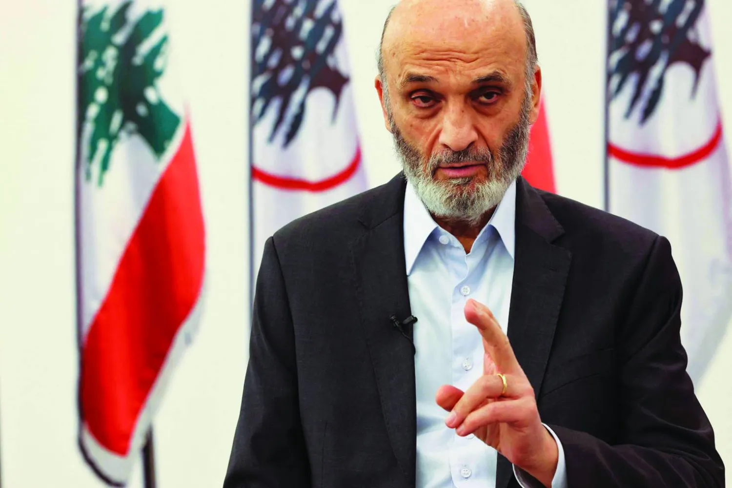 Samir Geagea, leader of the Christian Lebanese Forces party, speaks to an AFP journalist, during an interview at his residence in Maarab, north of the capital Beirut, on May 20, 2022. (Photo by JOSEPH EID / AFP)