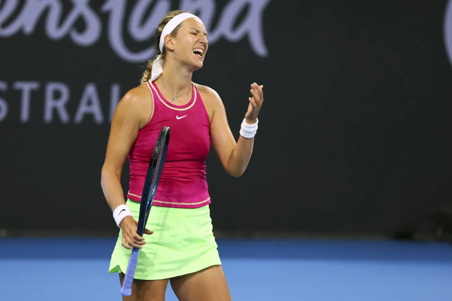 Victoria Azarenka of Belarus reacts after missing a point in her semi-final match against Aryna Sabalenka of Belarus during the Brisbane International tennis tournament in Brisbane, Australia, Saturday, Jan. 6, 2024. (AP Photo/Tertius Pickard)