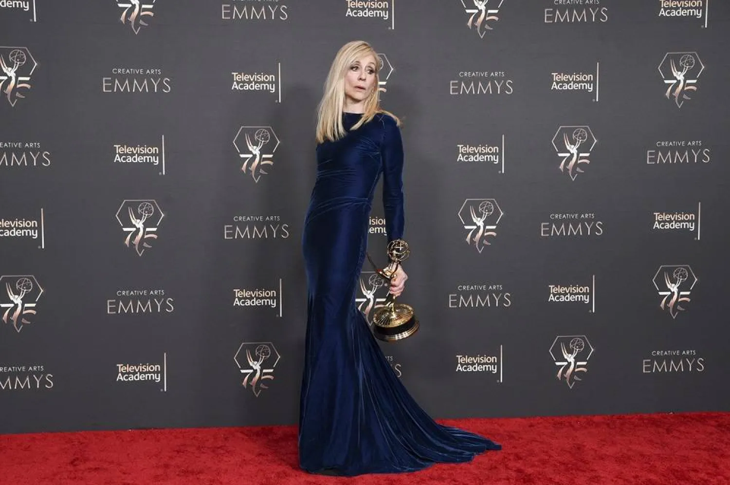 Judith Light poses with the award for outstanding guest actress in a comedy series for "Poker Face - Time Of The Monkey" in the press room during night one of the Creative Arts Emmy Awards on Saturday, Jan. 6, 2024, at the Peacock Theater in Los Angeles. (AP) 