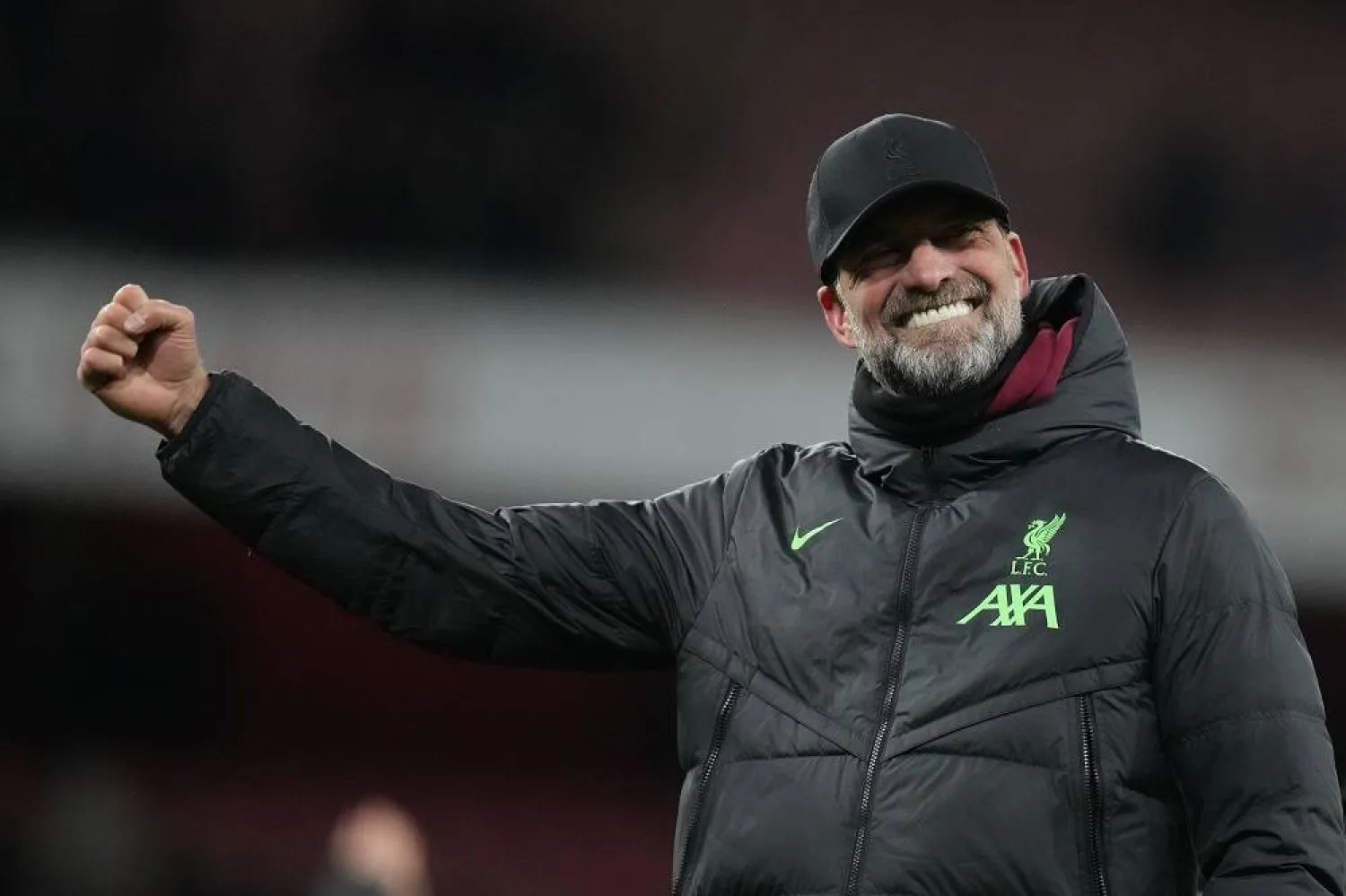 Liverpool's manager Juergen Klopp celebrates at the end of the English FA Cup soccer match between Arsenal and Liverpool at Emirates stadium in London, Sunday, Jan. 7, 2024. Liverpool won 2-0. (AP)