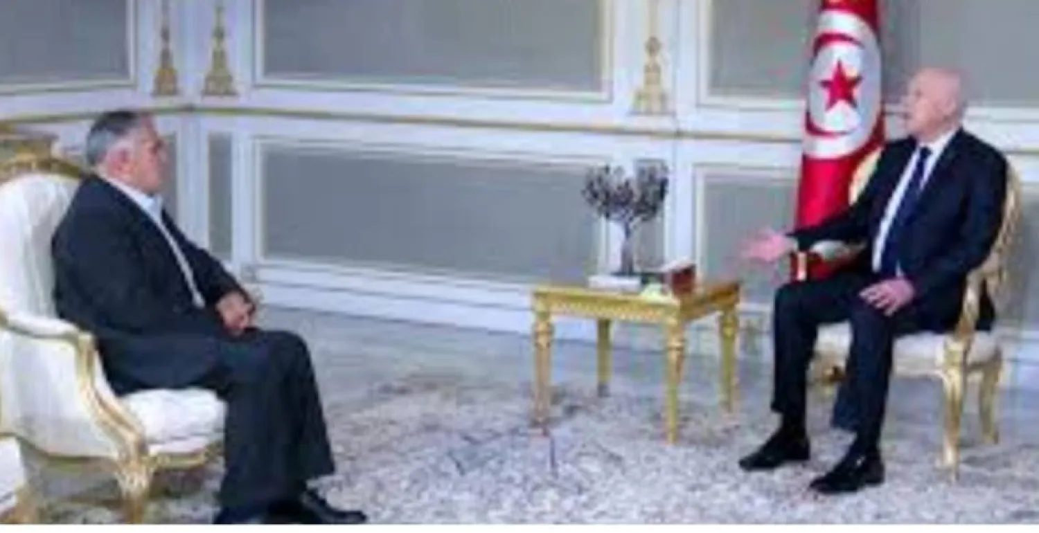 الرئيس التونسي قيس سعيد مع رئيس منتدى الحقوق الاقتصادية والاجتماعية التونسي عبد الرحمن الهذيلي (الرئاسة التونسية)