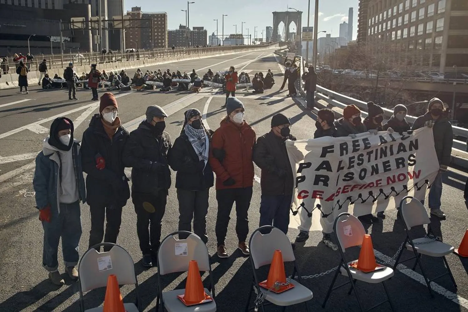  Protesters block Brooklyn Bridge during a Pro-Palestine active civil disobedience demanding the ceasefire in the Israel-Palestine conflict on Monday, Jan. 8, 2024, in New York. (AP) 