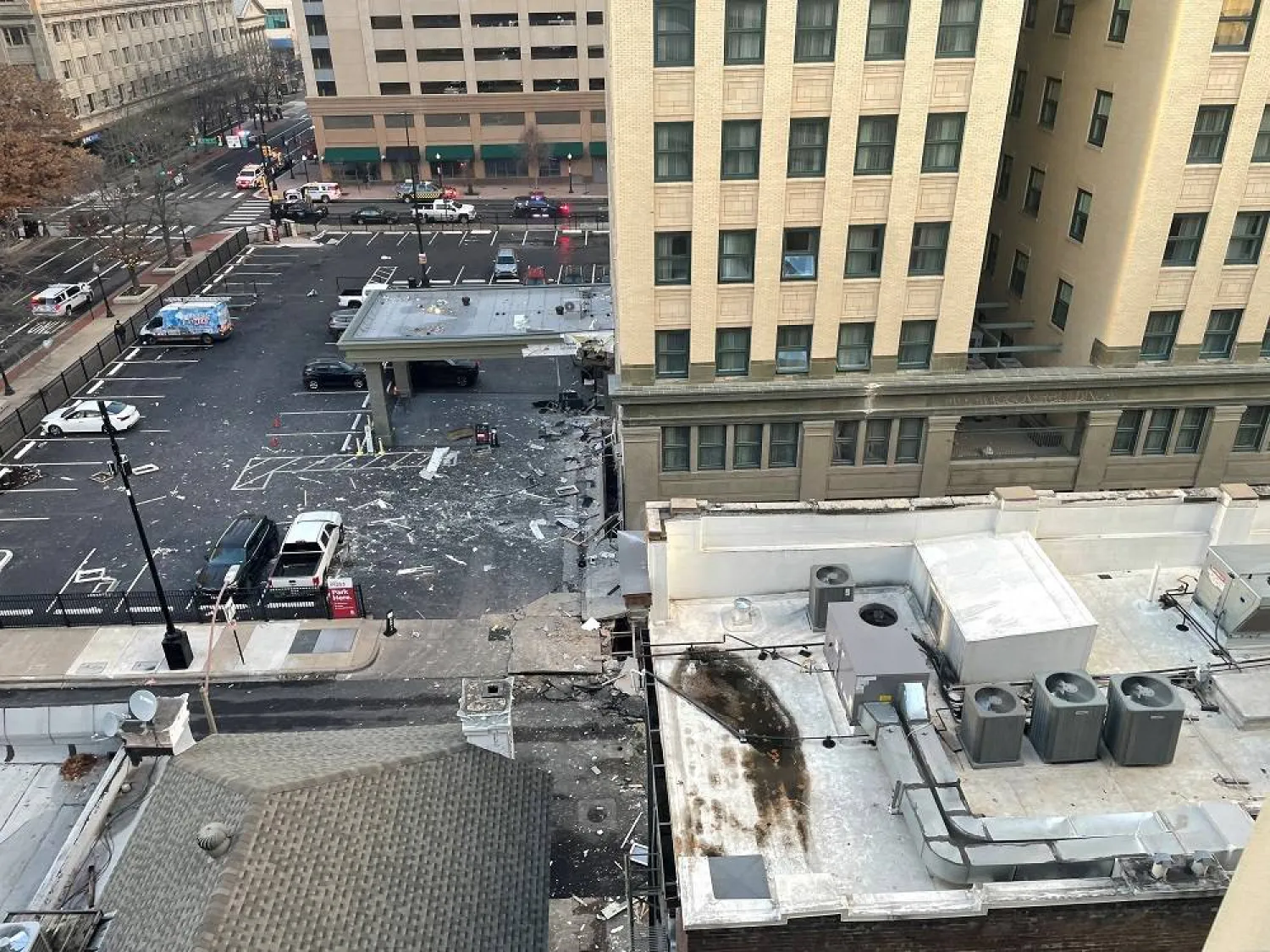 A view of damage and debris following an explosion at the Sandman Hotel in downtown Fort Worth, Texas, US January 8, 2024 in this picture obtained from social media. (Brad Bauer/via Reuters)