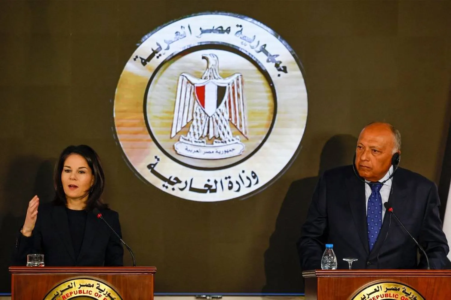 German Foreign Minister Annalena Baerbock speaks during a press conference with her Egyptian counterpart Sameh Shoukry in Cairo on January 9, 2024, amid continuing battles between Israel and the Palestinian militant group Hamas in Gaza. (AFP)