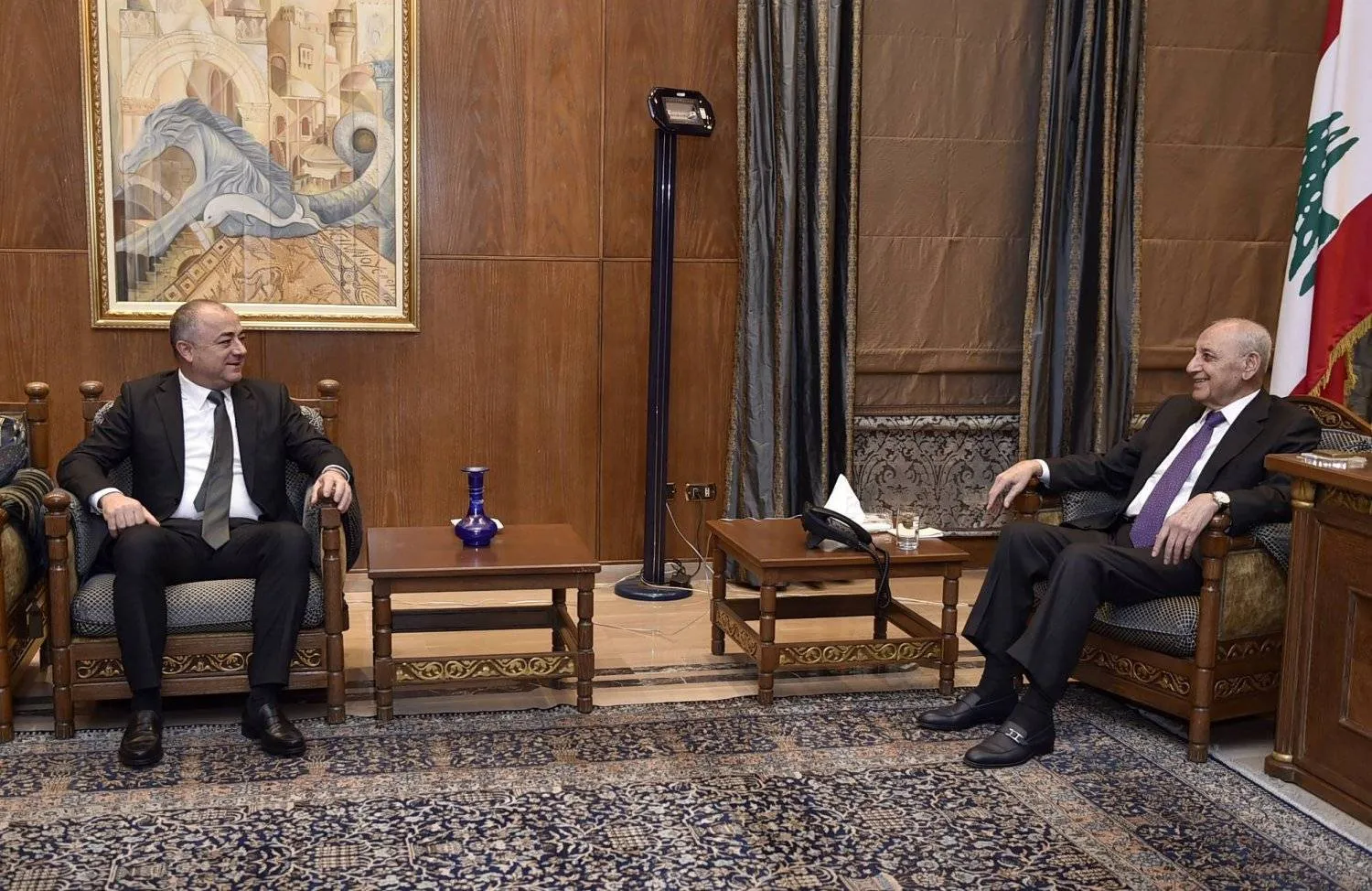 Lebanese Deputy Speaker of Parliament Elias Bou Saab briefed Speaker Nabih Berri on his meeting with US envoy Amos Hochstein in Rome (Parliament)
