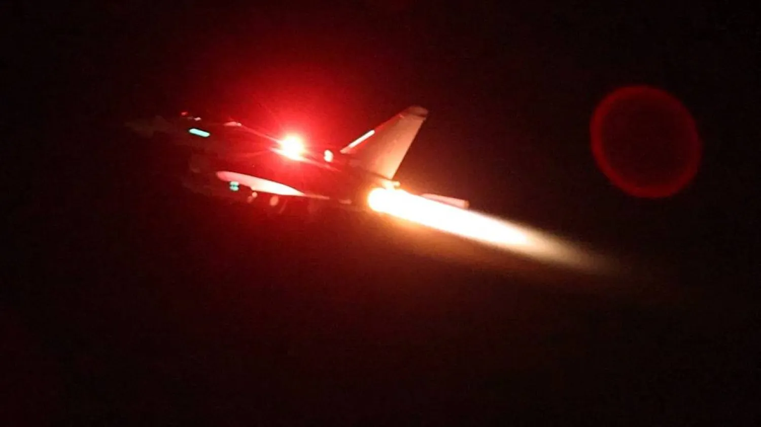 An RAF Typhoon aircraft takes off to join the US-led coalition from RAF Akrotiri to conduct air strikes against military targets in Yemen, aimed at the Iran-backed Houthi militia that has been targeting international shipping in the Red Sea, in Cyprus, in this handout picture released on January 12, 2024. UK MOD/Handout via REUTERS    