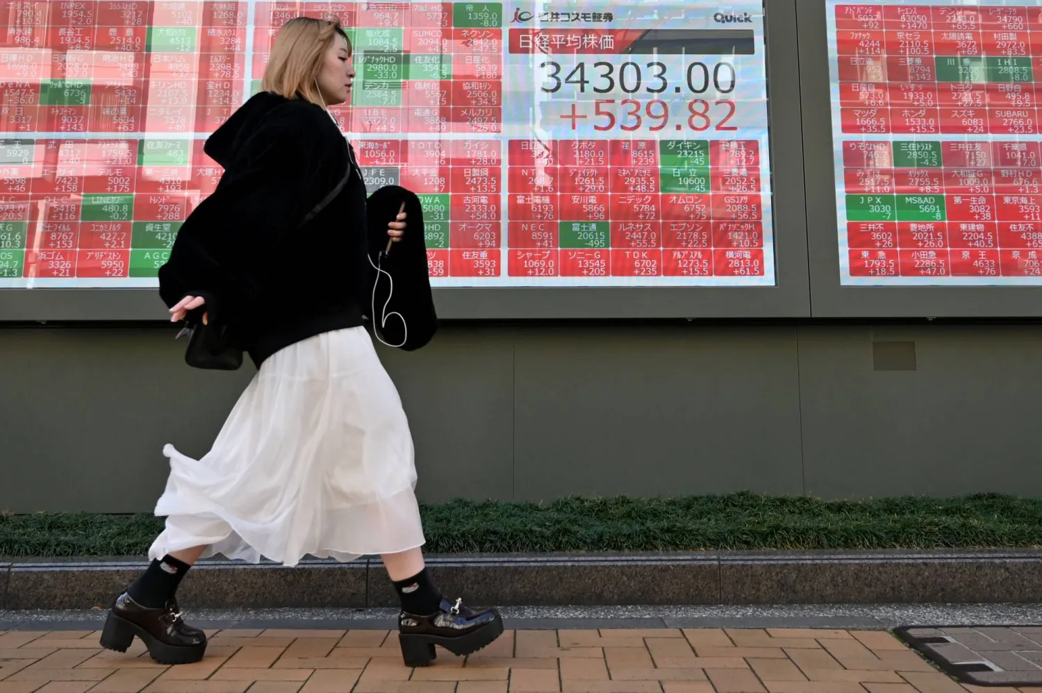 امرأة تمر أمام لوحة إلكترونية تعرض سعر سهم بورصة طوكيو للأوراق المالية في أحد شوارع طوكيو (أ.ف.ب)