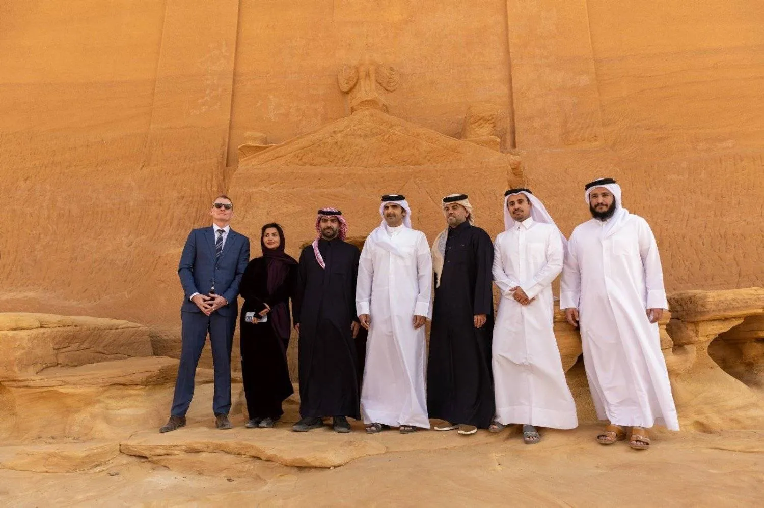 Officials during a tour of several heritage locations in AlUla (Asharq Al-Awsat)