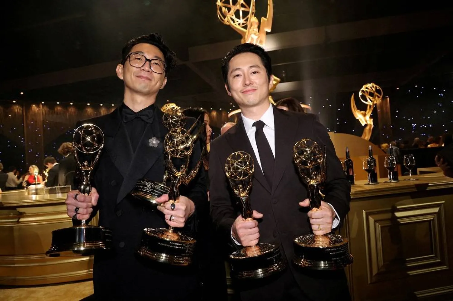 Steven Yeun, winner of the Outstanding Lead Actor in a Limited or Anthology Series or Movie award and the Outstanding Limited or Anthology Series award for "Beef", and Lee Sung Jin, winner of the Outstanding Writing for a Limited or Anthology Series or Movie award, Outstanding Directing for a Limited or Anthology Series or Movie award for "Beef" attend the 75th Primetime Emmy Awards Governors Gala in Los Angeles, California, US January 15, 2024. (Reuters)