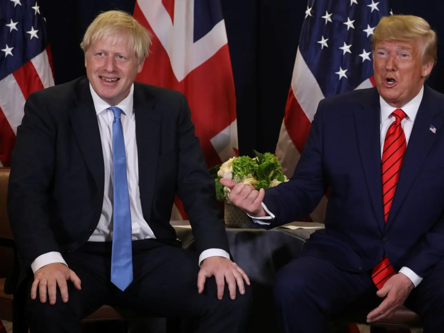 لقاء يجمع رئيس الوزراء البريطاني بوريس جونسون بالرئيس الأميركي آنذاك دونالد ترمب عام 2019 (رويترز)