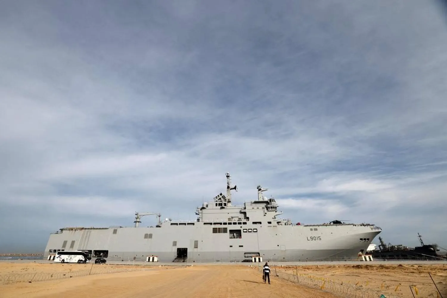  This photograph taken on January 21, 2024 shows a view of the French LHD Dixmude military ship, which serves as a hospital to treat wounded Palestinians, as it docks at the Egyptian port of Al-Arish, amid ongoing battles between Israel and the Palestinian militant group Hamas in the Gaza Strip. (AFP) 