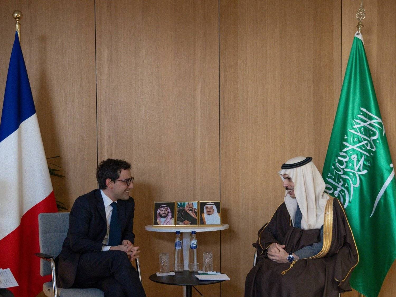 Saudi Foreign Minister Prince Faisal bin Farhan bin Abdullah meets with his French counterpart Stephane Sejourne in Brussels on Monday. (SPA)